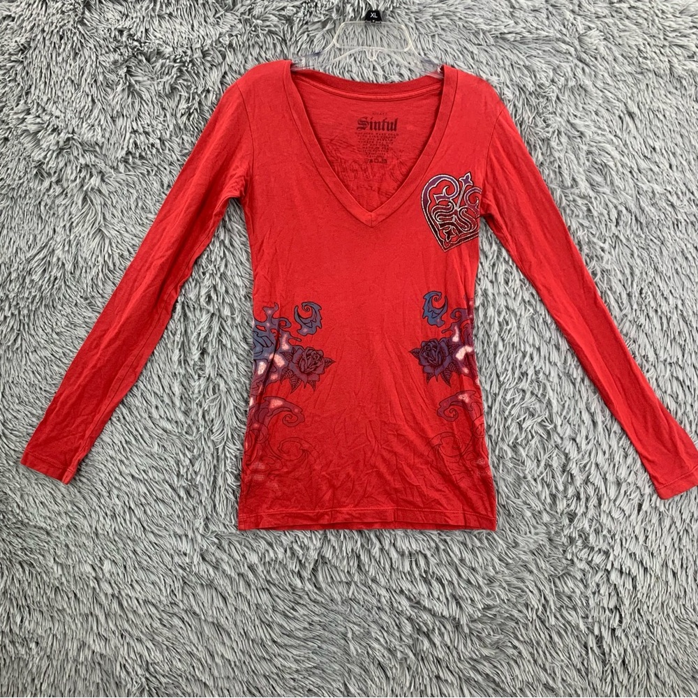 Sinful Shirt Womens Small Vneck Red Long Sleeve Spellout Roses